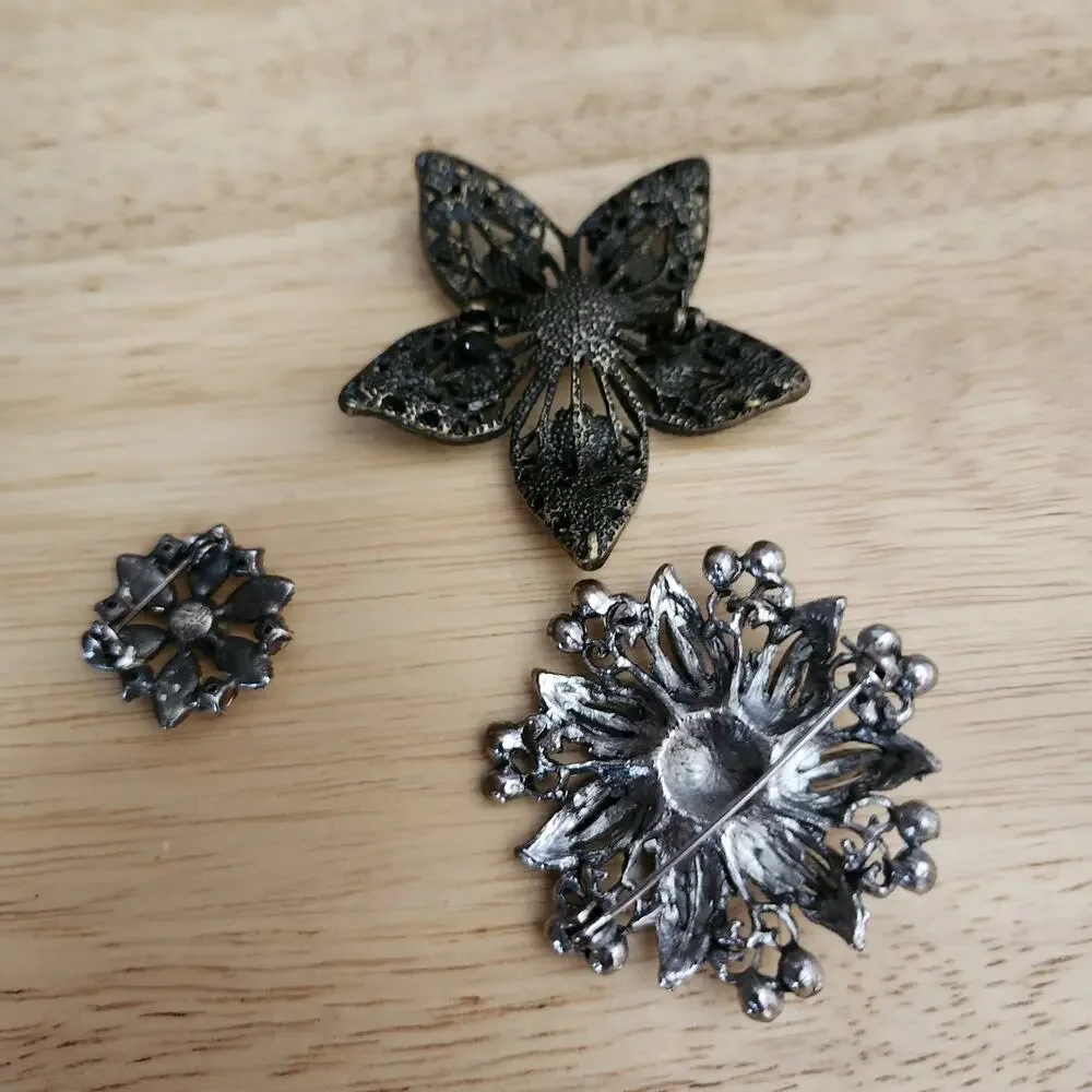 3 Vtg Rhinestone Floral Brooch Pin Silver Bronze Tone Starburst Textured Pendant